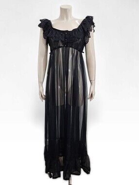 Vtg TOSCA Black Lace Empire Waist Sheer Peignor Robe M/L